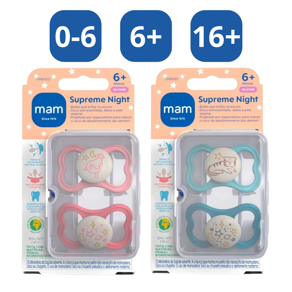 Chupeta Mam Supreme Night Silicone 0 a 16+ Meses Brilha no Escuro Masculina e Feminina Desenho Sortido - 2 Unidades em Oferta na Shopee