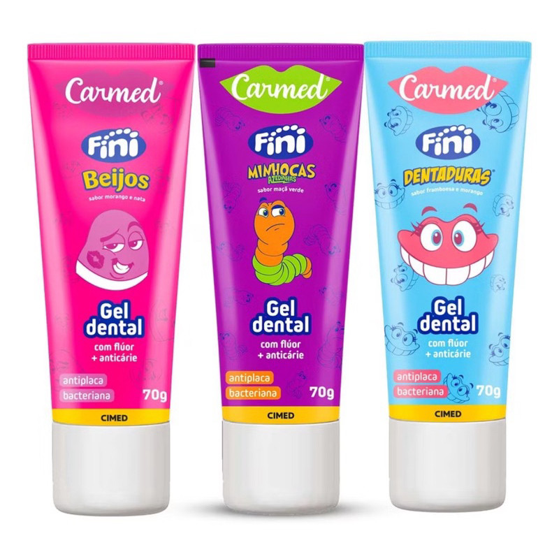 Gel Dental Carmed Fini Beijos Fini Minhocas e Fini Dentaduras 70g Kit 1, 2 ou 3 Unidades