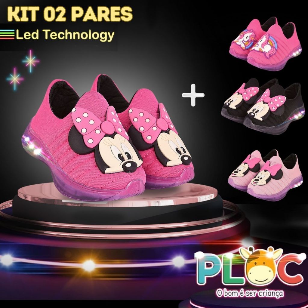 KIT 2 PARES TÊNIS LED INFANTIL MENINA (L03 PINK MINNIE + PAR ADICIONAL A SUA ESCOLHA)