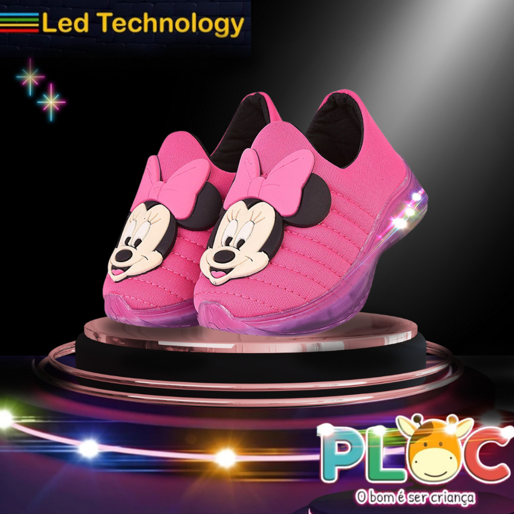 Tênis Led Infantil PLOC LED16 - PINK MINNIE CARINHA Calce Fácil Leve Flexível Confortável Anatômico