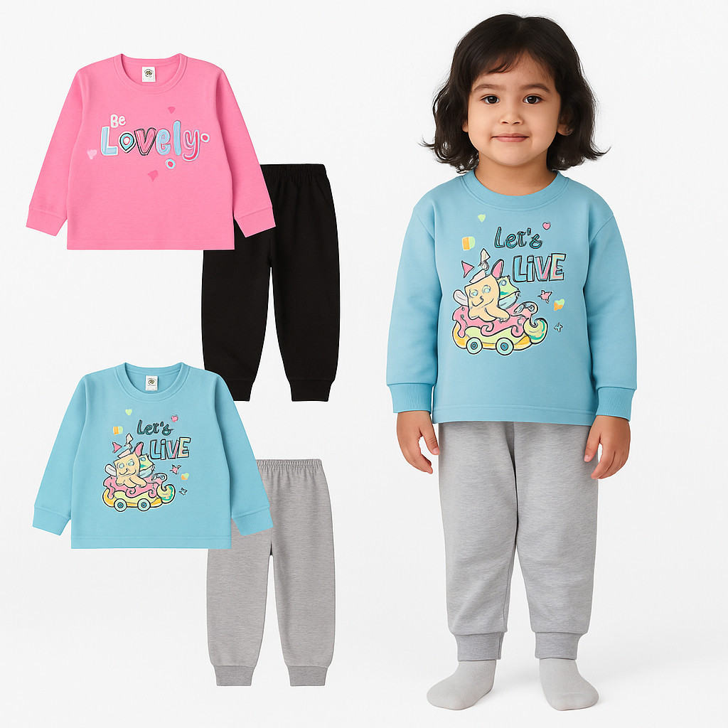 Kit Sortido 6 Peças de Roupas Feminino Infantil Inverno Moletom Flanelado – 3 casaco + 3 calças Sortidos
