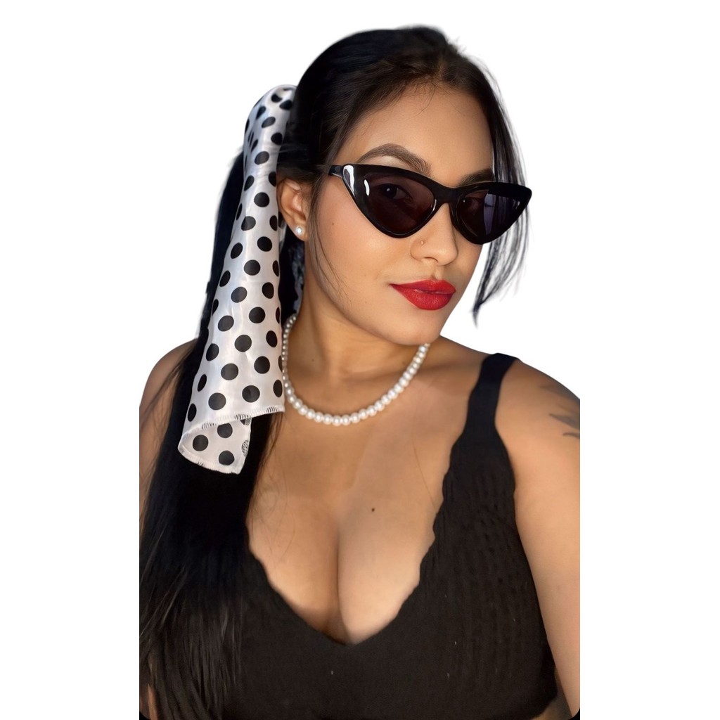 Kit Charleston Anos 60 Luxo - Lenço Branco Óculos Preto Colar e Brinco de Pérolas - Pinup Melindrosa