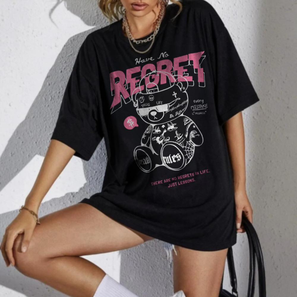 Camiseta Premium em Algodão PuroSISI Blusa Larga Oversized Streetwear Feminina Estampada Urso Bear Regreat Doplo