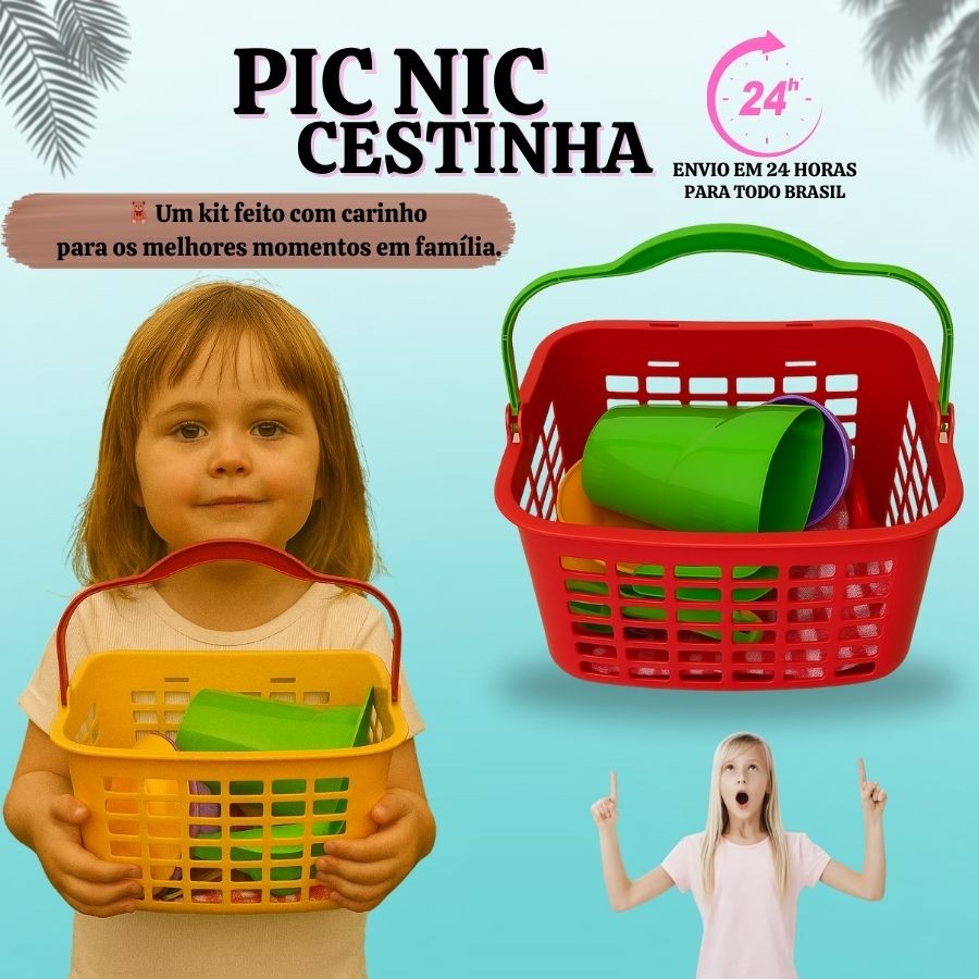 Cesta de Pic Nic Brinquedo Infantil Piquenique c/ Acessorios Brinquedo Meninas