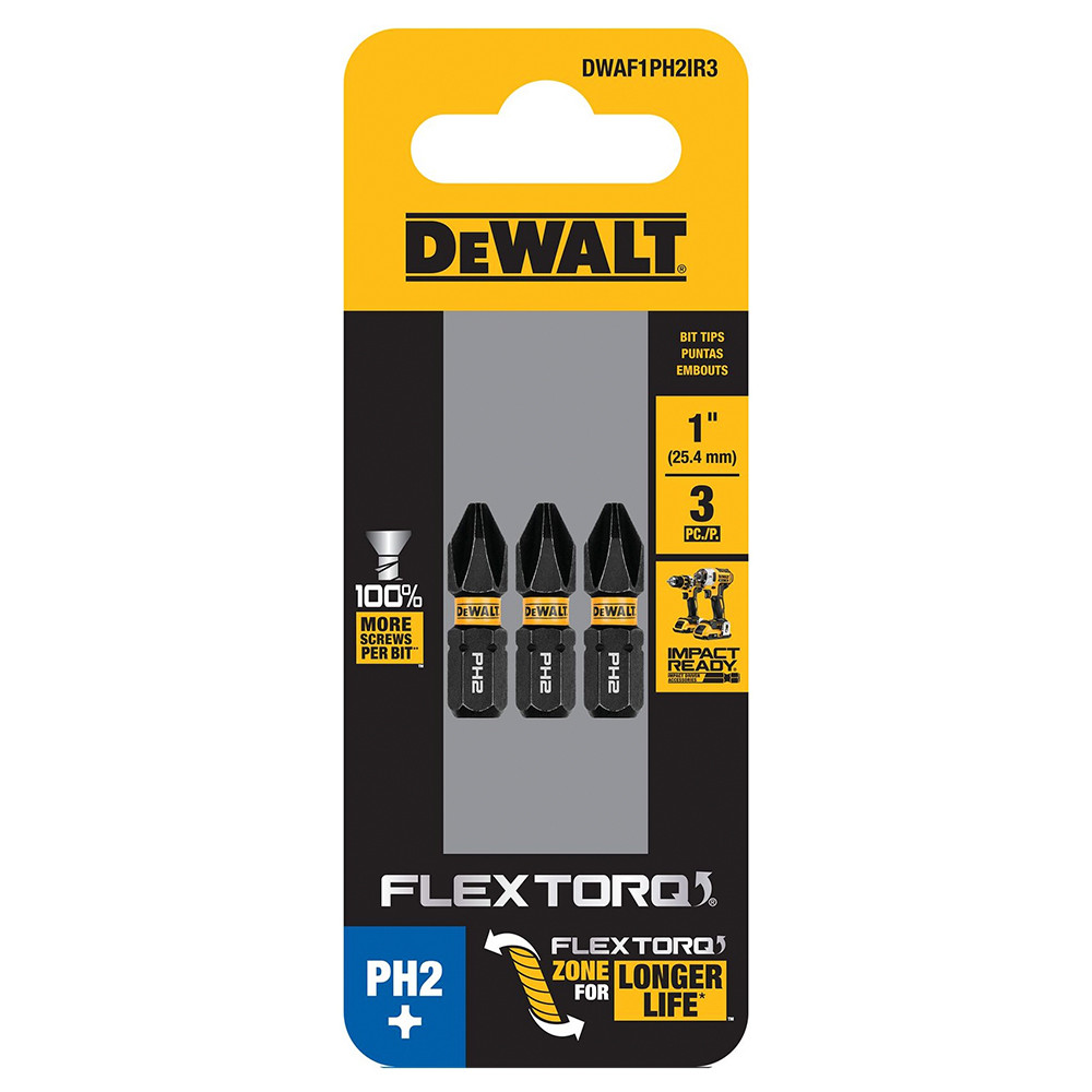 Kit com 3 Bits Phillips de Impacto PH2 x 25mm Flextorq DeWalt DWAF1PH2IR3