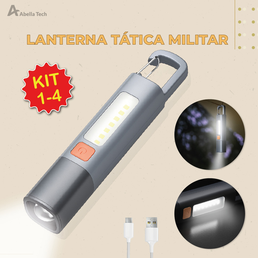 Lanterna Tática Led Recarregável Com Gancho e Zoom 1000LM Luminária com USB Luz Lateral