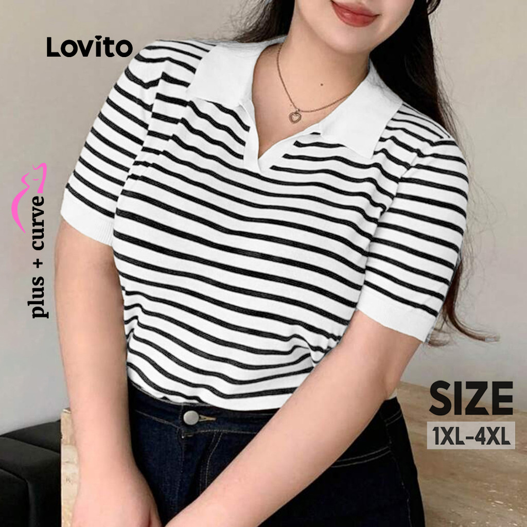 Lovito Camisa Casual Plus Size Curva Listrada Colorblock Camiseta Verão/primavera Para Mulheres LBL24589 em Oferta na Shopee