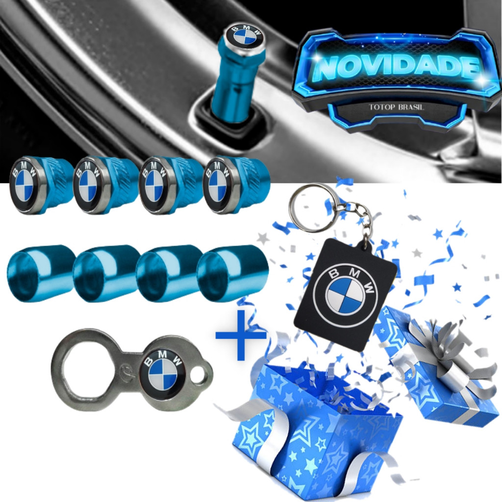 Tampa Valvula Bico de Pneu BMW Azul Anti Furto com Chaveiro BMW
