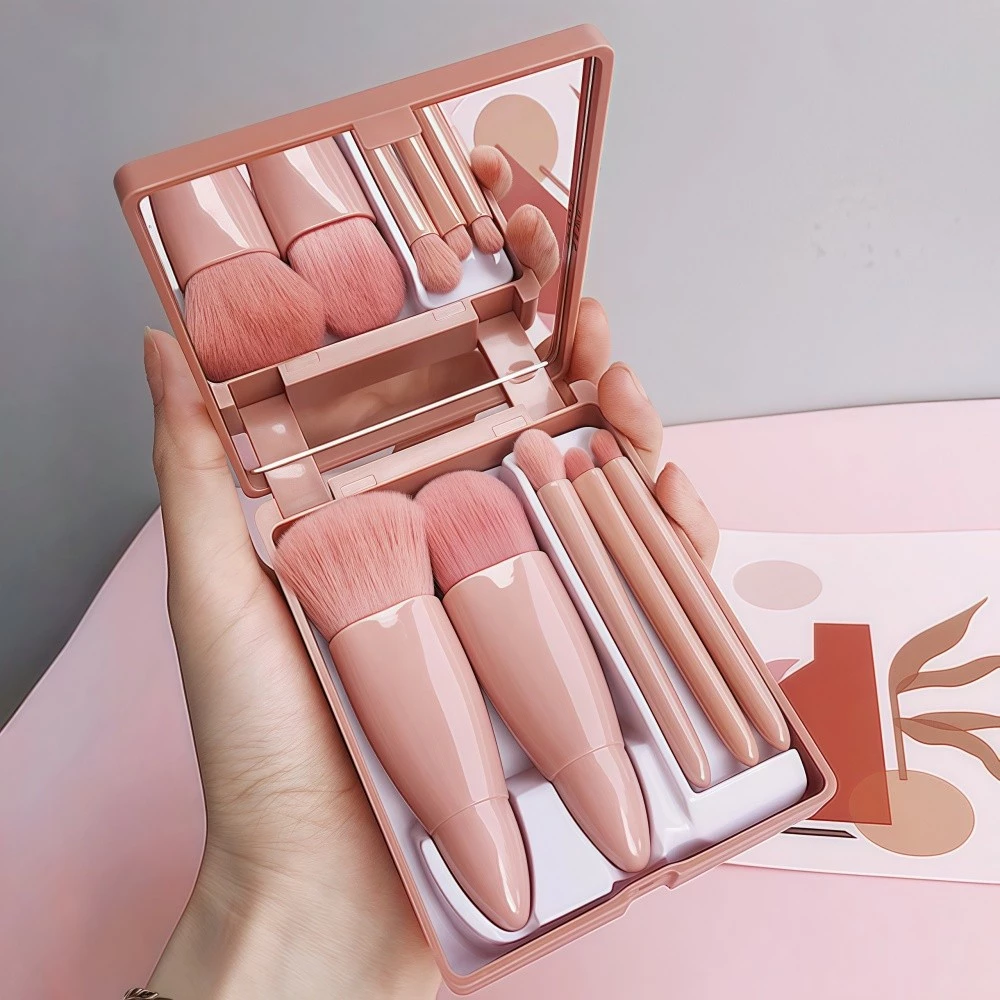 Mini Espelho De Maquiagem Portátil Com 5 Pcs Pincéis De Maquiagem Lupa Mão Segurar Bolso Dobrável Maquiagem Bel — imagem 1