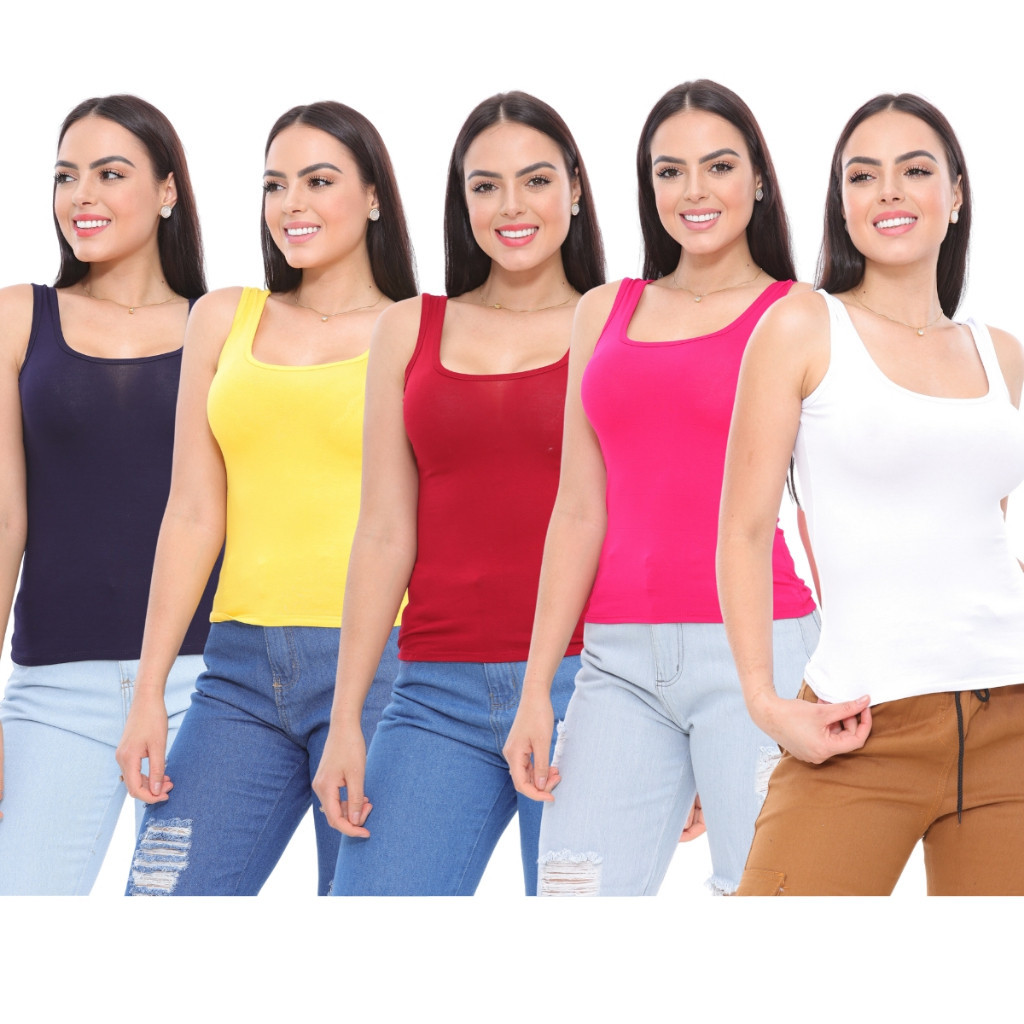KIT 5 Regata Alça Larga Feminina Viscose Com Elastano Regatinha Basic and Confort