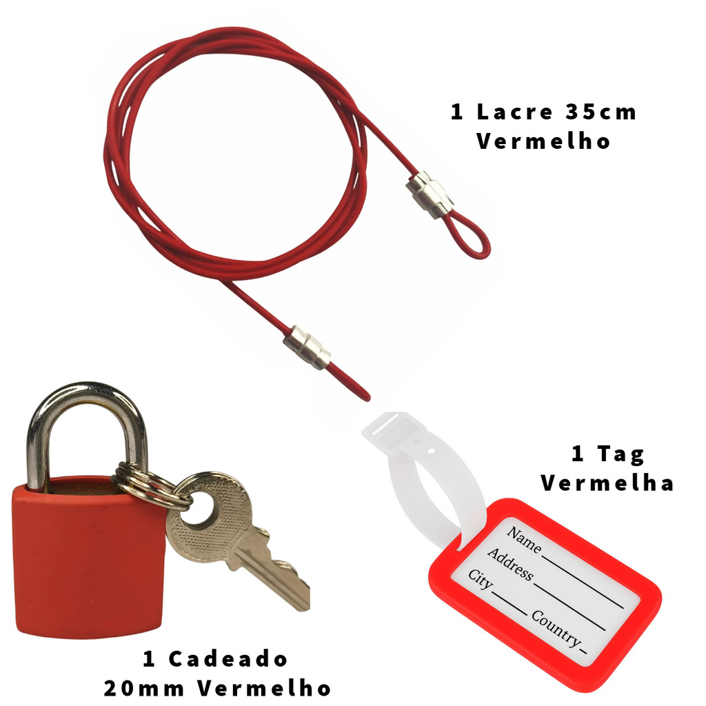 Kit Travel - 1 Lacre Color 35cm + 1 Cadeado Color 20mm + 1 Tag Identificador Bagagem