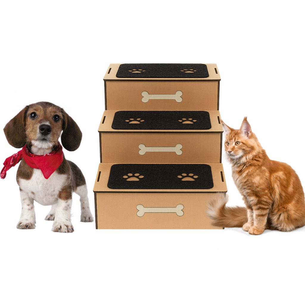 Escada Escadinha pet 3 Degraus Madeira MDF com carpete antiderrapante p/ cachorros e gatos MDF 4mm cru presente pet