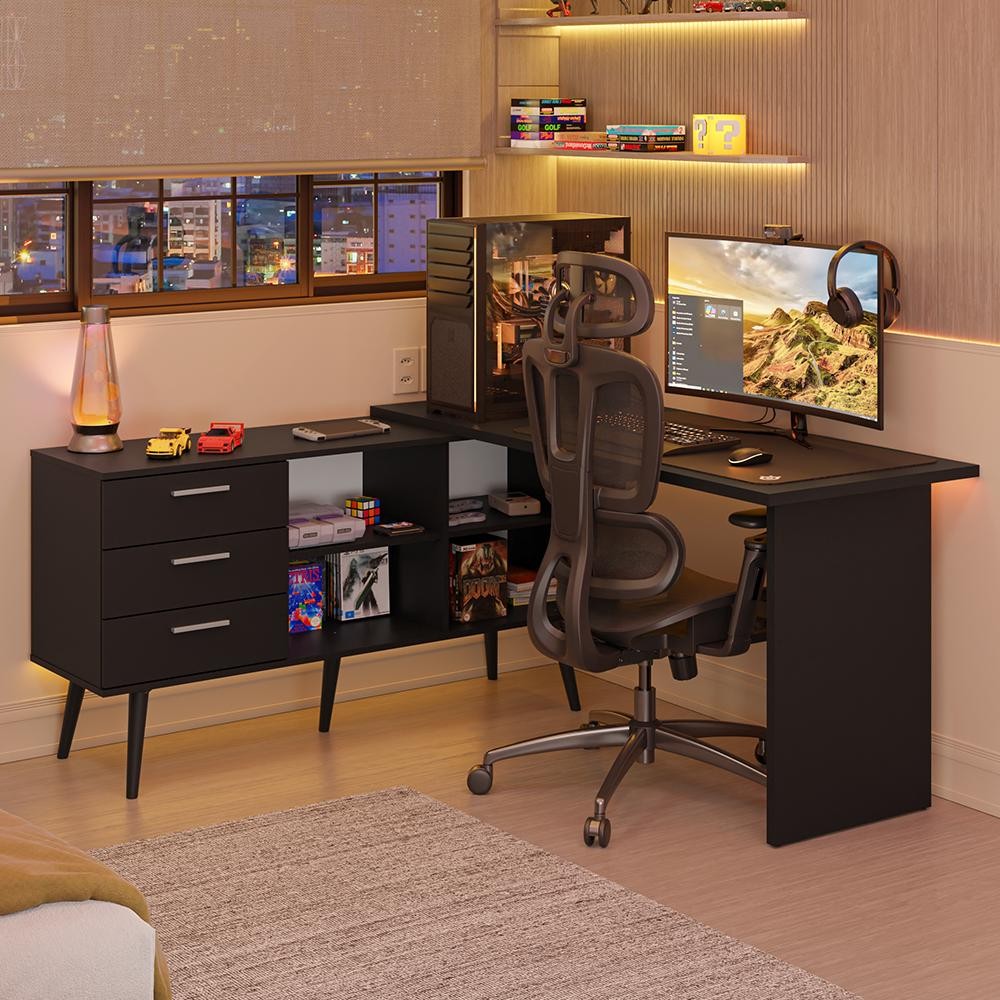 Escrivaninha Em L Mesa Para Computador Gamer 3 Gavetas Preto Lisboa Madesa em Oferta na Shopee