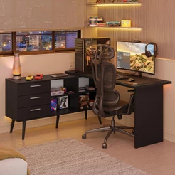 Escrivaninha Em L Mesa Para Computador Gamer 3 Gavetas Preto Lisboa Madesa
