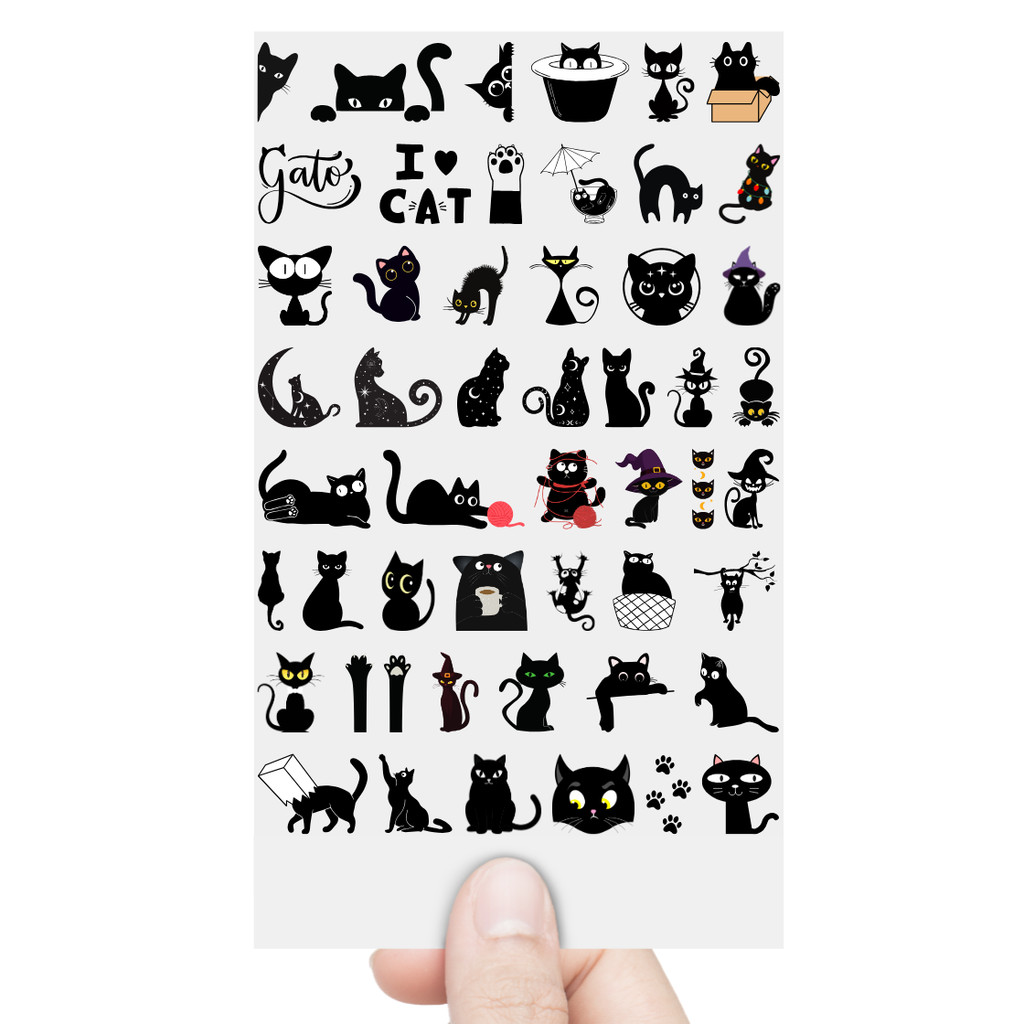 Cartela 50 Adesivos Gatos Pretos Fofos DTF UV Prova D'Água