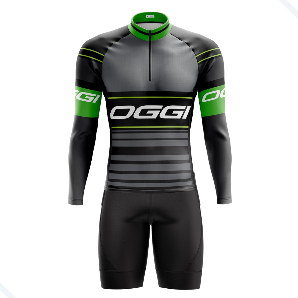 CONJUNTO CICLISMO MASCULINO BERMUDA E CAMISA MANGA LONGA OGGI CINZA COM BOLSOS UV50+