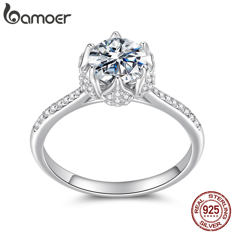 Anel De Prata Esterlina 925 Bamoer 1CT Moissanite Núcleo Floral Joias Da Moda Presentes Para Mulheres