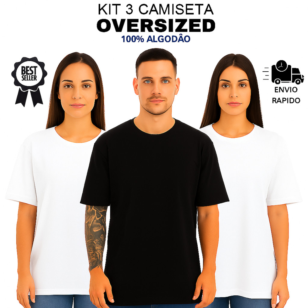 Kit 3 Camiseta Oversized Masculina Streetwear Lisa 30.1  