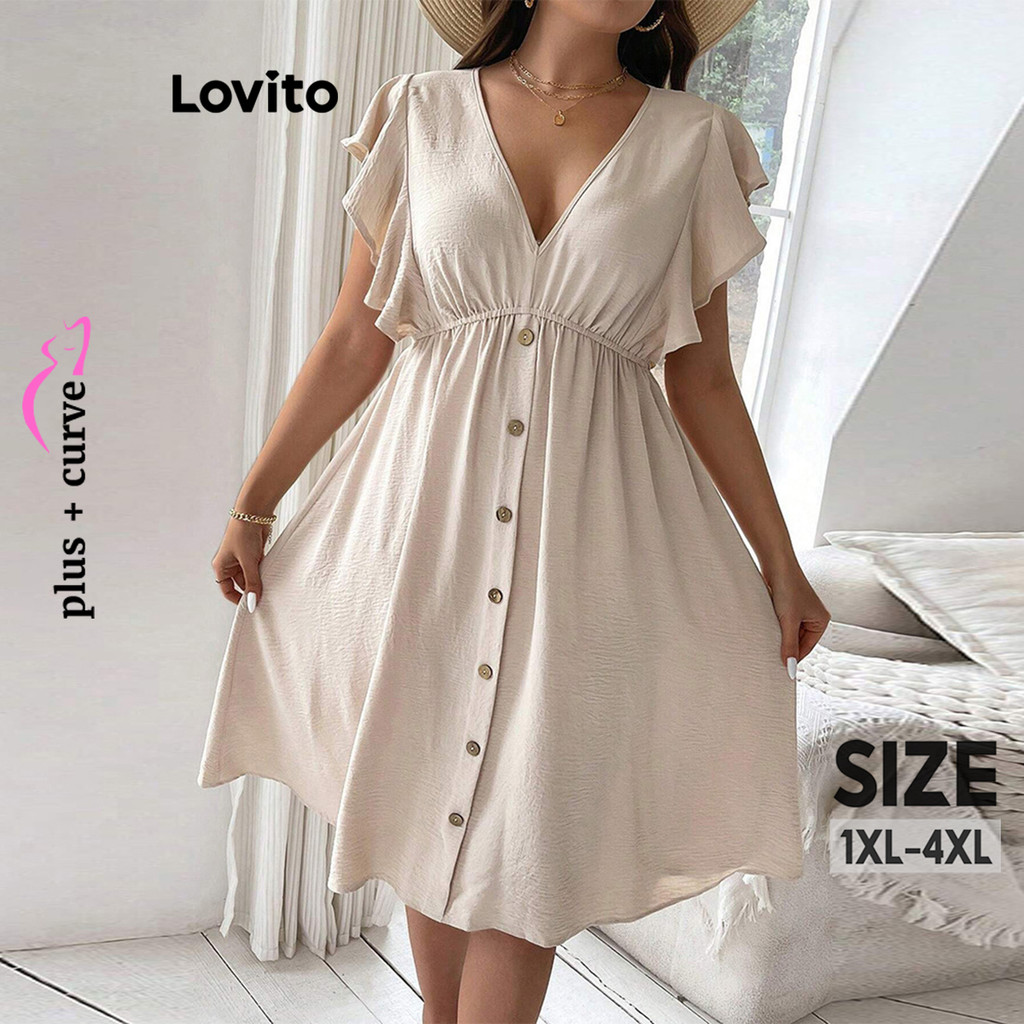 Lovito Vestido Casual Curva Plus Size Com Babados Lisos, Vestido De Verão/Primavera Para Mulheres LNL75305 - Women Clothes