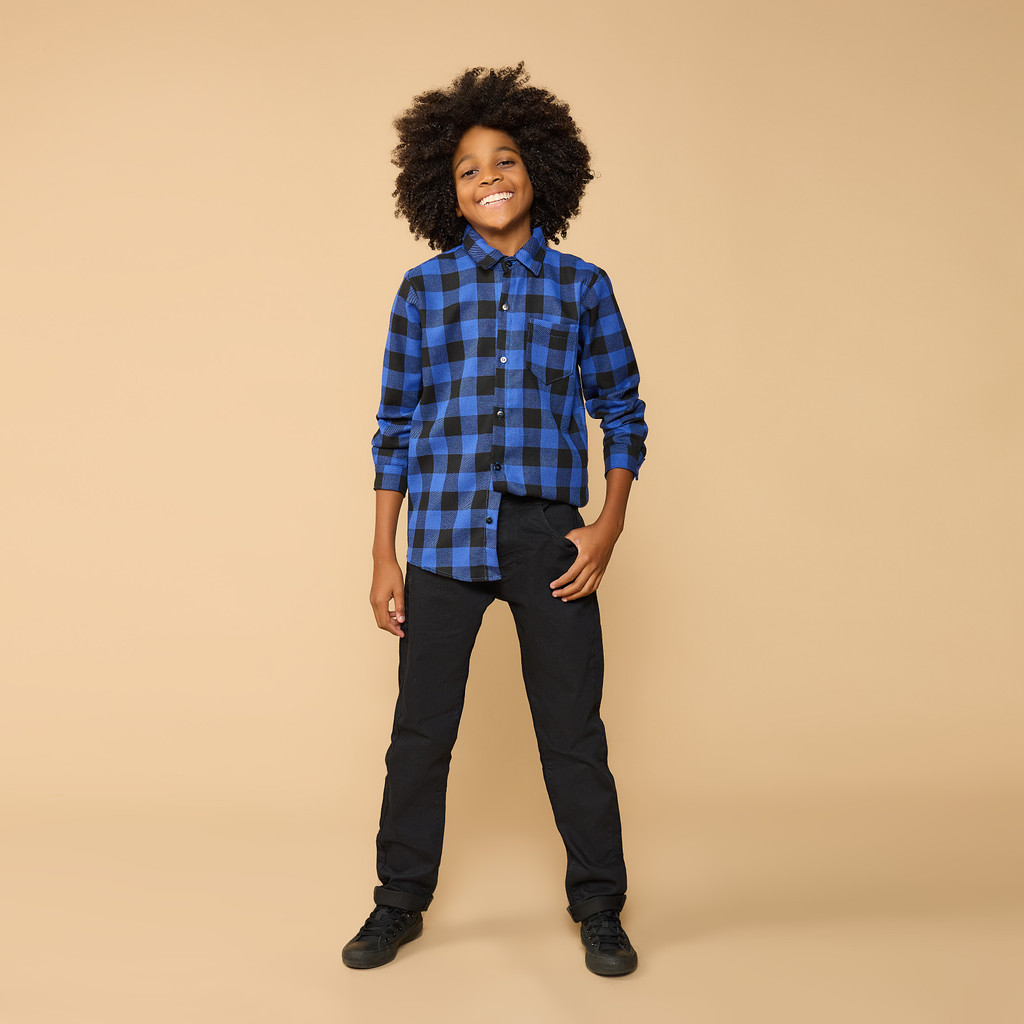 Camisa Xadrez Azul Com Preto Flanelada Infantil Festa Junina Caipira Quadriculado