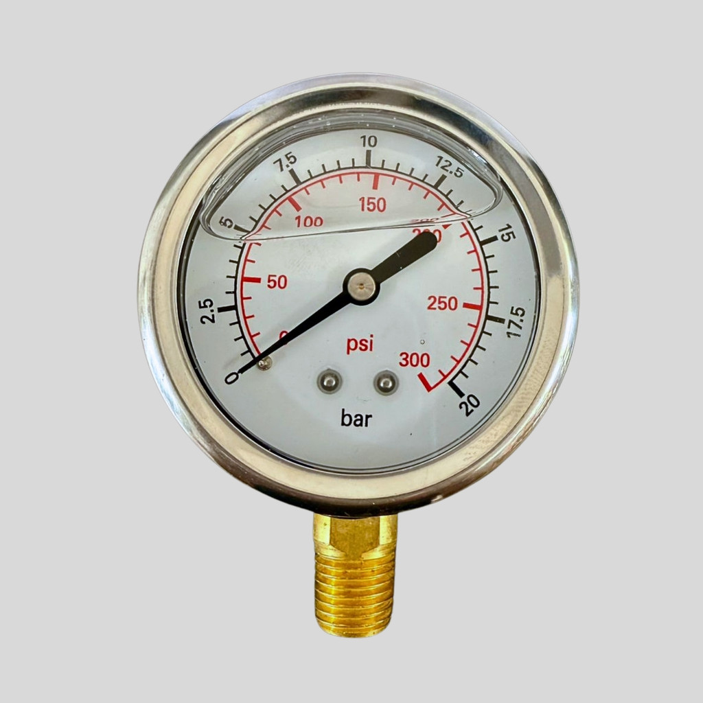 Manômetro Vertical com Glicerina 1/4 Npt 20 Bar 300 Psi Caixa 63 MM Inox