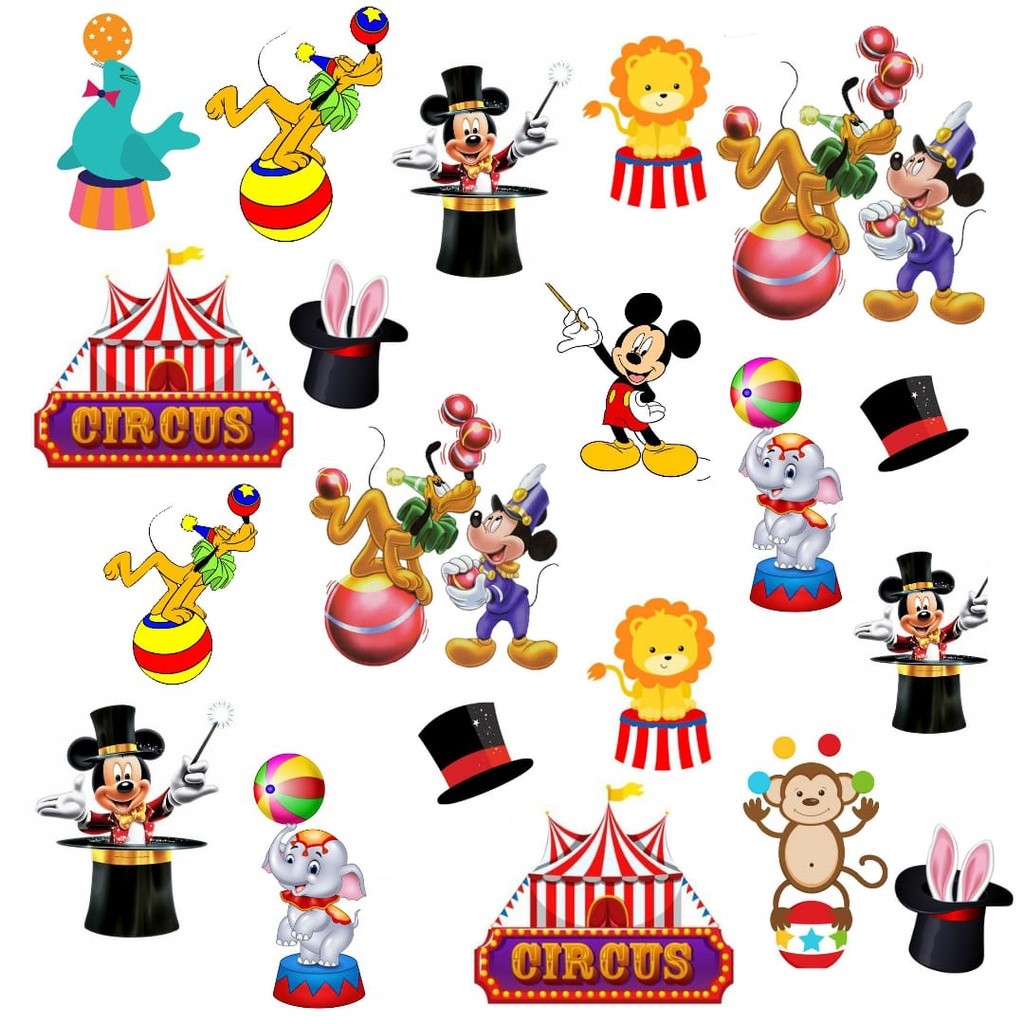 Tecido Microfibra TACTEL Mickey circo 3 Pluto Elefantinho Leãozinho Macaquinho Foca Mágica
