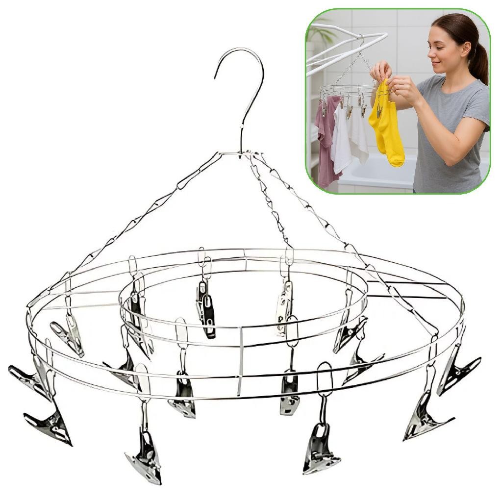 Mini Varal De Roupa Aço Inox Para Lavanderia 20 Prendedores Calcinha Meias Suspenso