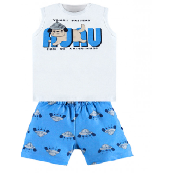 Conjunto curto bebê camiseta regata branco estampado e Bermuda moletinho azul estampado