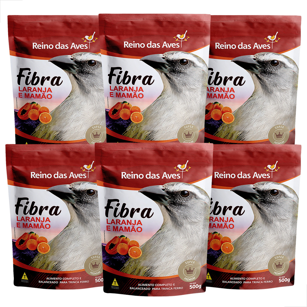 Ração Para Trinca Ferro Kit 6 Pacotes Fibra Laranja com Mamao Reino das Aves 500g