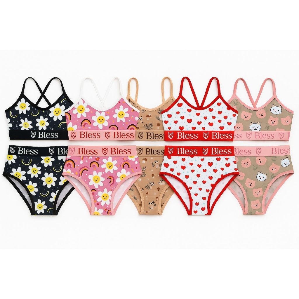 Kit 5 Conjuntos Juvenil pré adolescente Calcinha e Sutiã Estampados Cores Sortidas em Oferta na Shopee