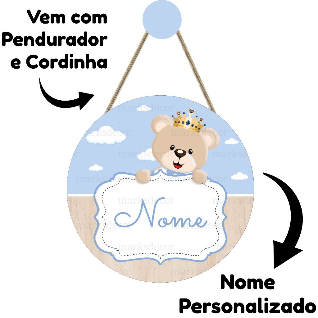 Enfeite Porta Maternidade Ursinho Príncipe Azul Claro  Quadro Decorativo Infantil Quarto Menino