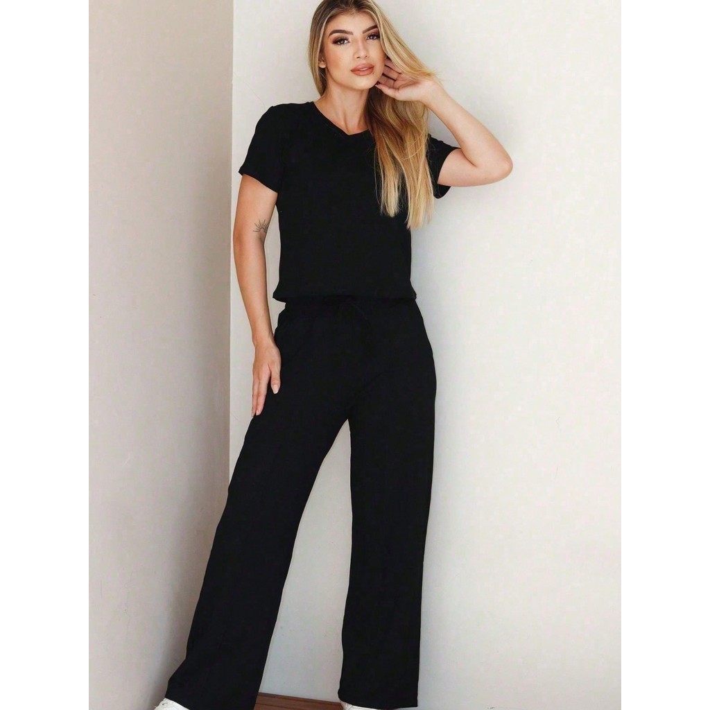 Conjunto  Feminino Moletinho Confortável Cropped Manga Curta Com Calca Pantalona