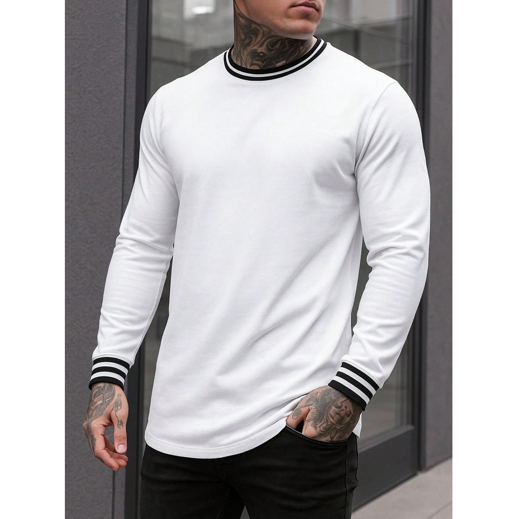 CAMISETA GUARNIÇÃO MANGA LONGA LISTRADA  /CAMISETA BASICA/CAMISETA MASCULINA/CAMISETA 100% ALGODÃO