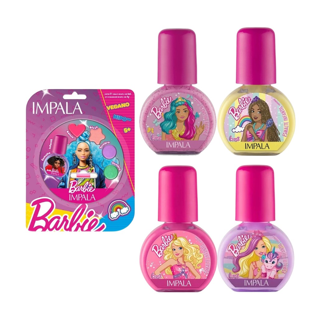 Kit 4 Esmalte Impala Paleta Maquiagem Infantil Barbie