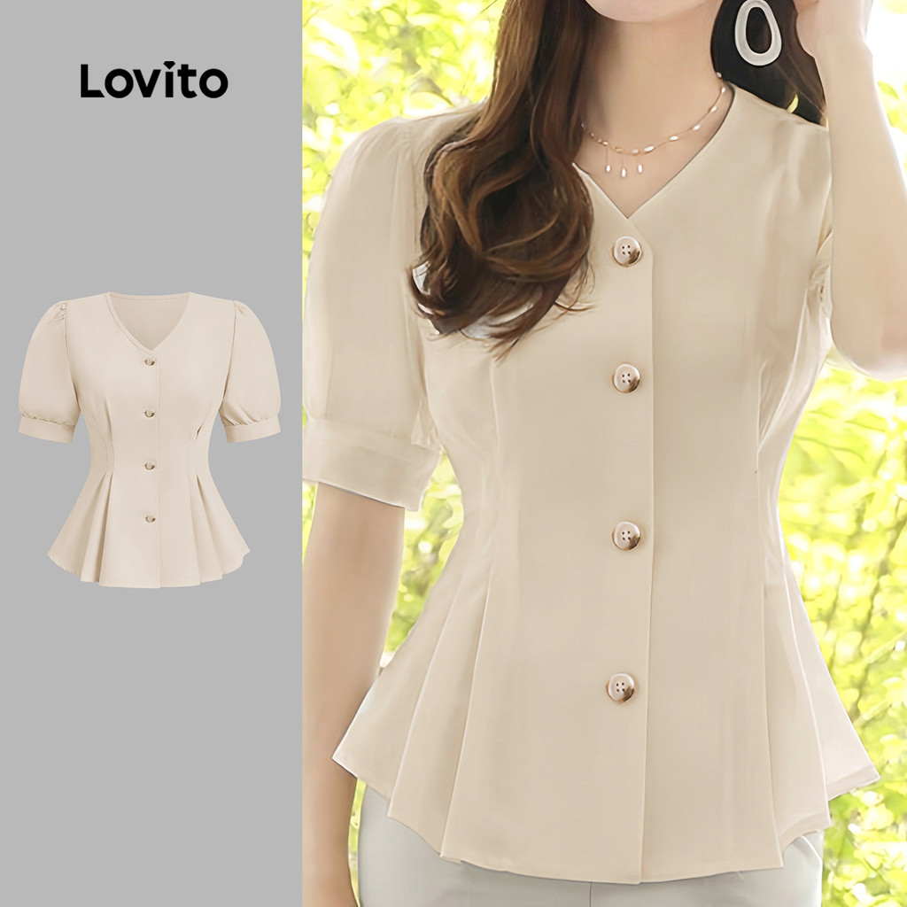 Lovito Blusa Elegante De Damasco Com Babados E Botões Lisos Primavera/Verão Para Mulheres L134ED063 em Oferta na Shopee