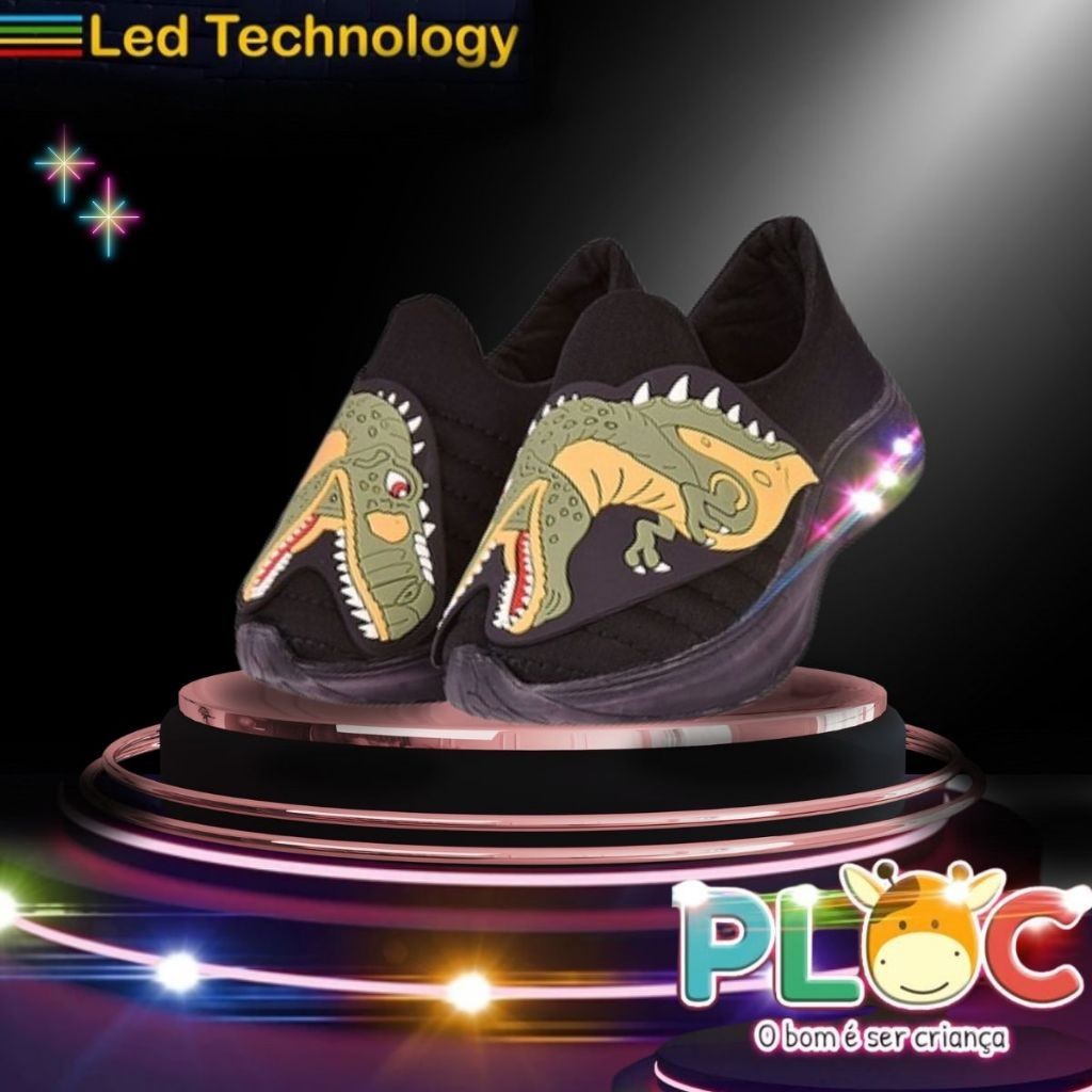 Tênis Led Infantil Luzinha  PLOC LED39 - PRETO DINOSAURO REX Menino Calce Fácil Anatômico