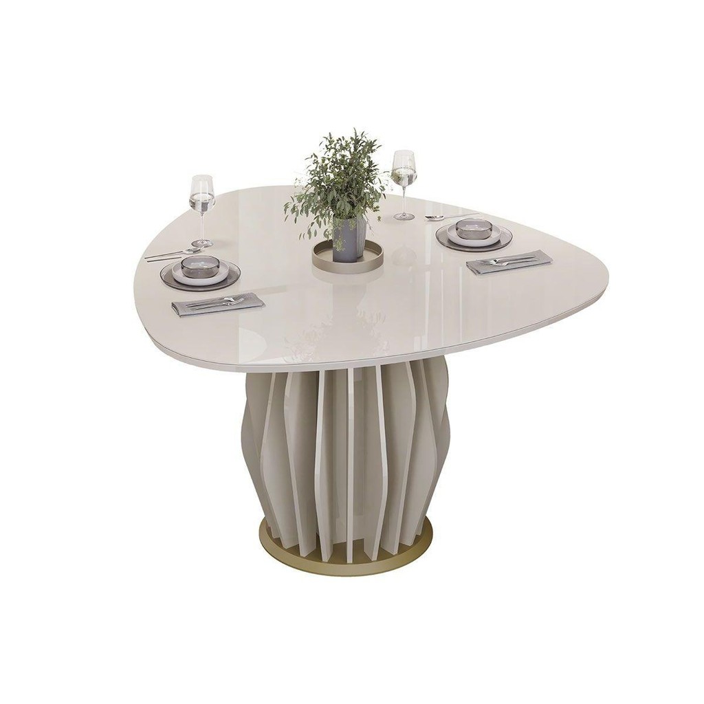 Mesa de Sala Jantar Tokyo c/ Tampo Madeirado c/ Vidro Orgânico 136x136cm Off White/Off White - DJ Móveis em Oferta na Shopee