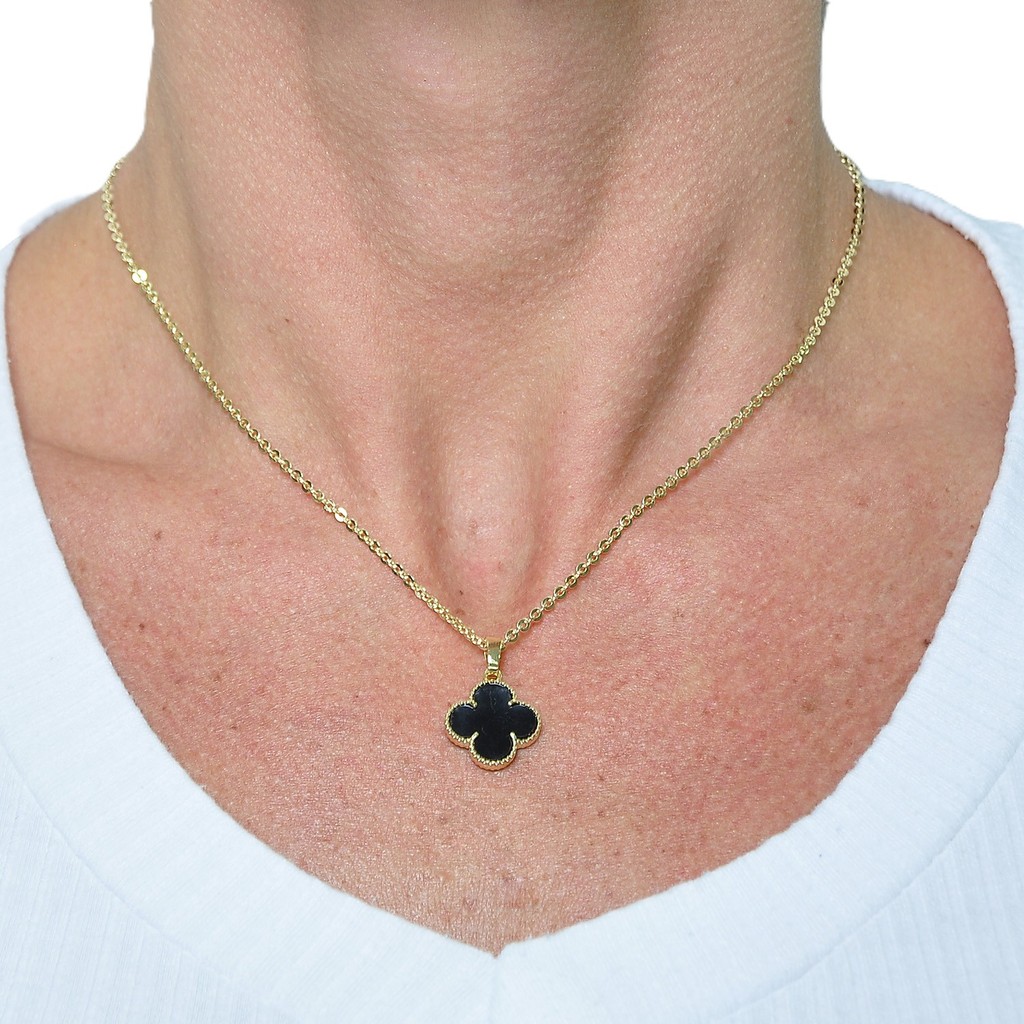 Gargantilha Virginia Corrente Colar Feminino Dourado Virginia Pingente Trevo Preto Banhado Ouro 18k