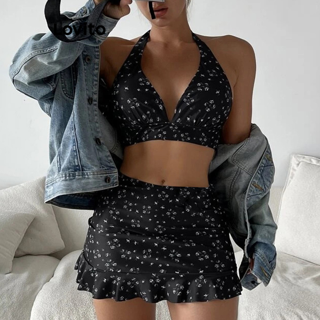 Lovito Conjuntos Sexy Ditsy Floral Ruffle Hem Lace Up Bikini Conjuntos De Verão/Primavera Para Mulheres LNL91017 - Sports & Outdoors