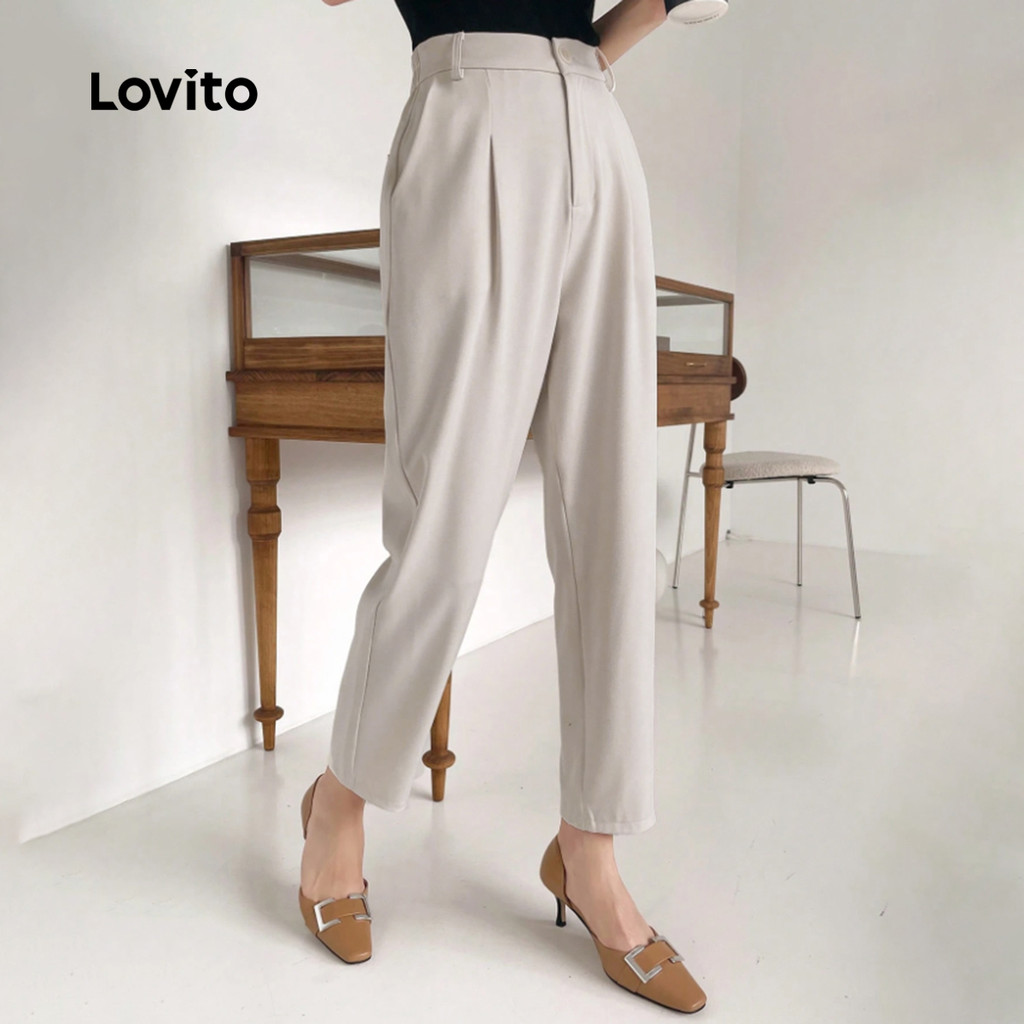 Detalhes do Lovito Calças Elegantes Plissadas Simples Primavera/Verão Calças Cáqui Claras Para Mulheres L135ED307