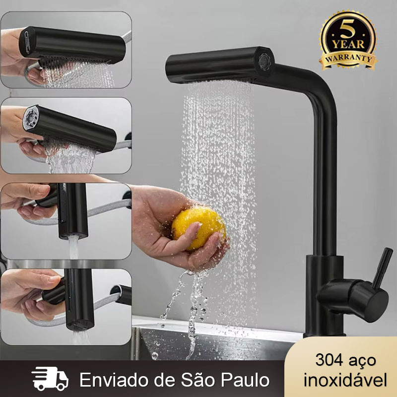 Torneira De Cozinha Água 4 Jatos Flexível Inox 304 Monocomando Com Spray Flexível Rotação de 360° Cor Preto