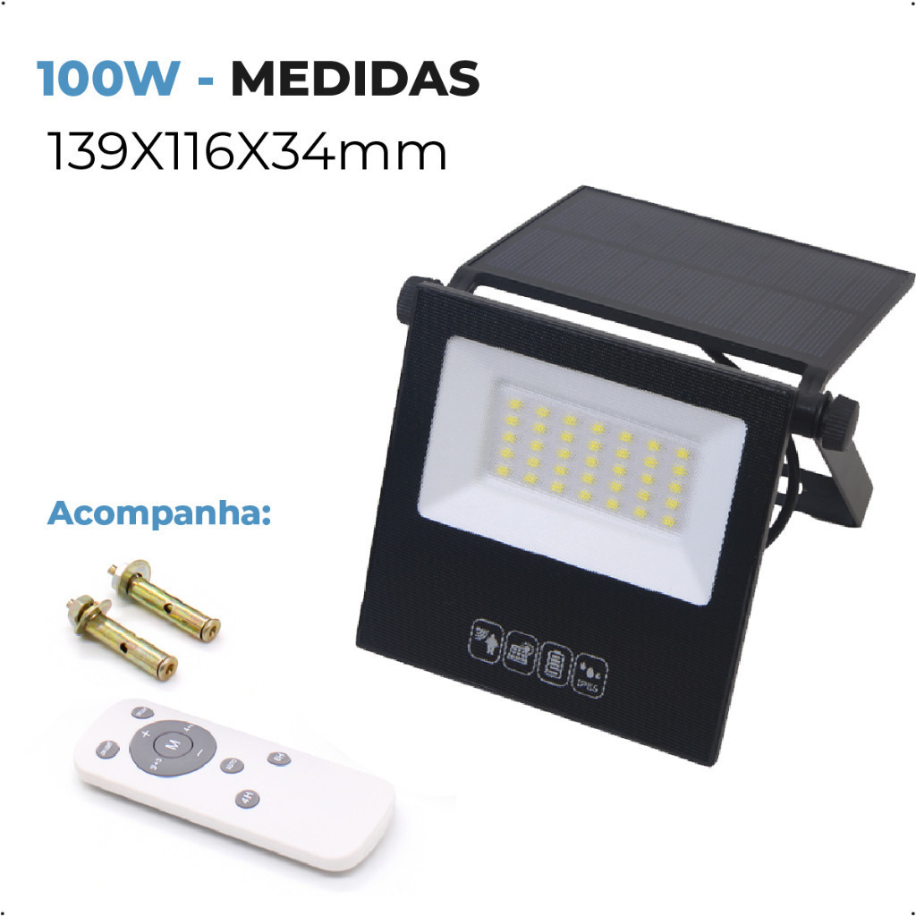 Detalhes do Kit 4 Refletor Solar Led 100w Placa Solar Luz Fria Prova Dágua Ajustável Dobrável c/ Controle Remoto