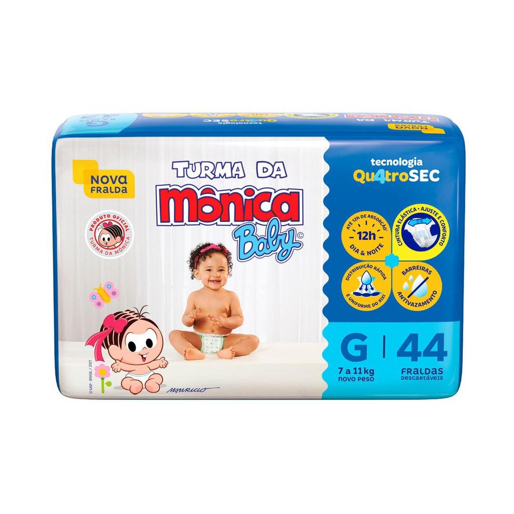 Detalhes do Kit 4 Fraldas Turma da Mônica Baby Mega G com 44un cada