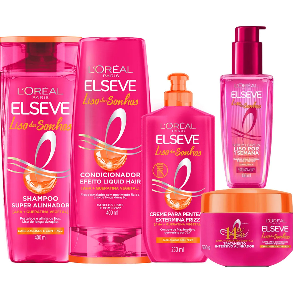 Kit Elseve Liso Dos Sonhos Shampoo 400ml+Condicionador 400ml+Máscara 300g+Creme Pentear 250ml+ Serum Leave-in 100ml em Oferta na Shopee
