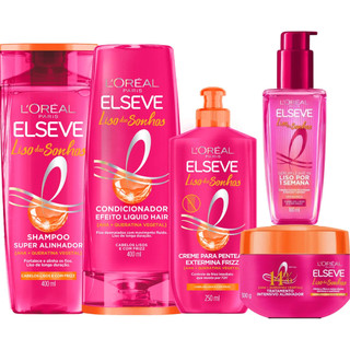 Kit Elseve Liso Dos Sonhos Shampoo 400ml+Condicionador 400ml+Máscara 300g+Creme Pentear 250ml+ Serum Leave-in 100ml