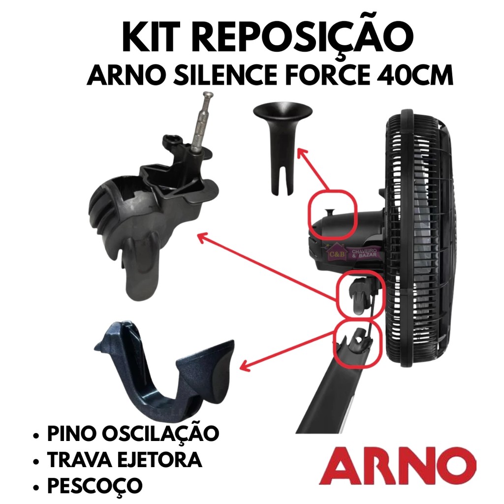 Kit Pescoço Articulador + Pino + Trava Ejetora Ventilador Arno 40 cm Silence FORCE