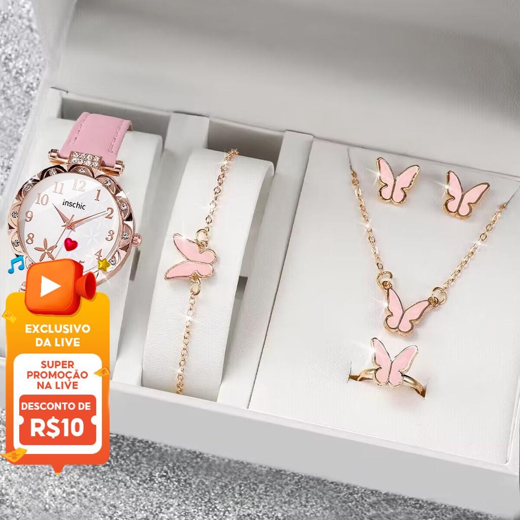 Moda Flor Feminina Relógio Casual Couro Banda Quartzo Jóias Presente Conjunto