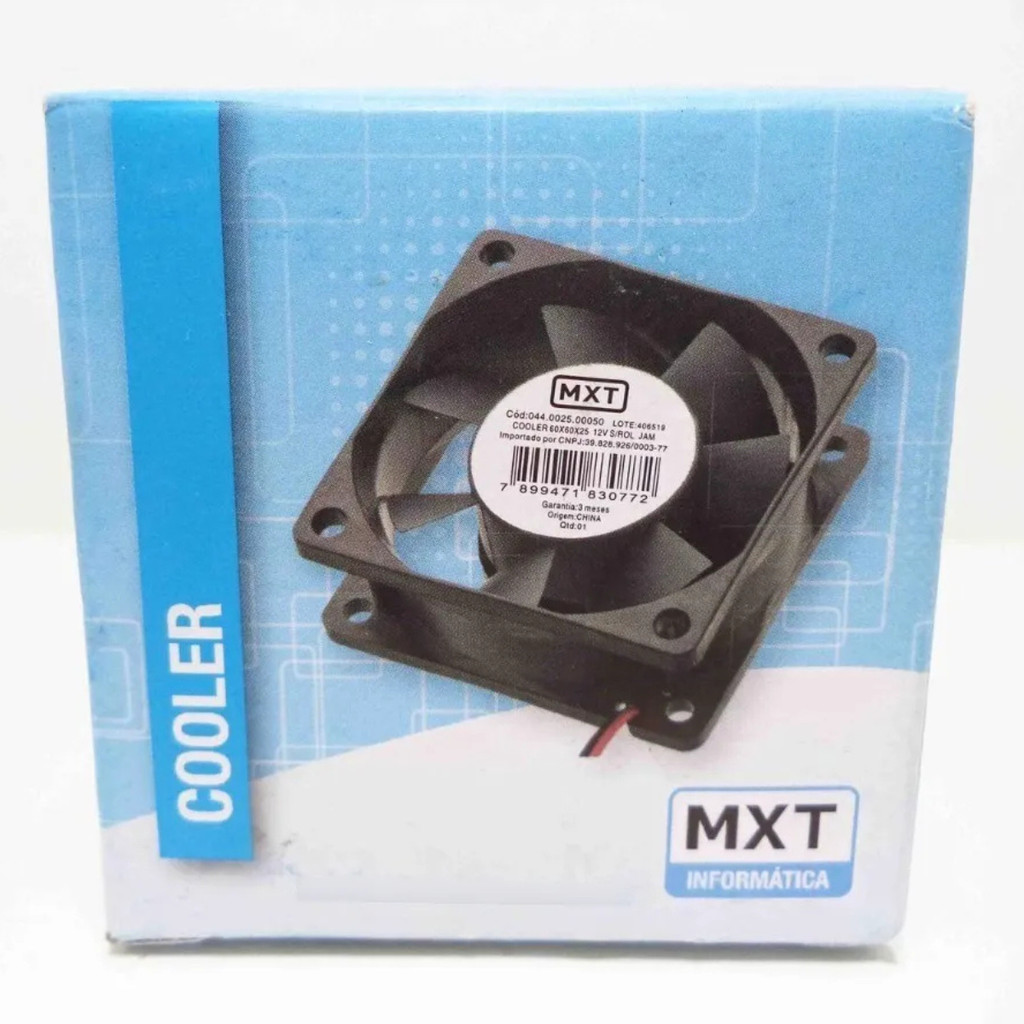 Ventoinha 60mm 12V MXT 6800RPM – Cooler Compacto Sem Rolamento