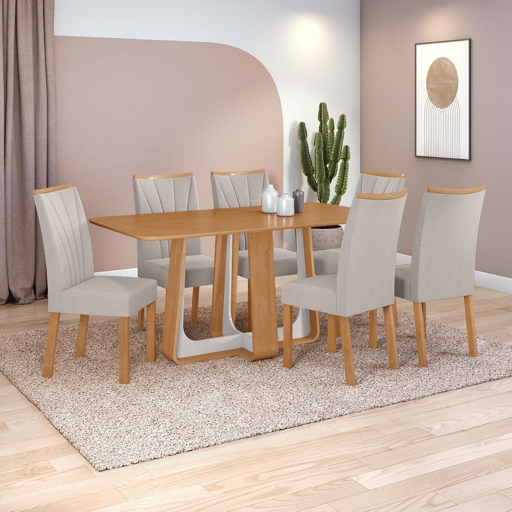 Conjunto Sala de Jantar Mesa Easy Pop 170x90cm Tampo MDF com 6 Cad Confort Linho Cinza Amêndoa/Off