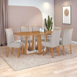 Conjunto Sala de Jantar Mesa Easy Pop 170x90cm Tampo MDF com 6 Cad Confort Linho Cinza Amêndoa/Off